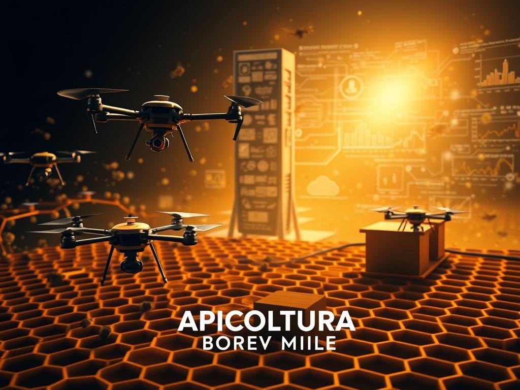 A sleek, futuristic composition depicting the integration of Internet of Things (IoT) and Artificial Intelligence (AI) for the digital management of beehives. In the foreground, a swarm of drone-like devices equipped with various sensors hover above a stylized, honeycomb-patterned backdrop. In the middle ground, a towering data visualization display showcases real-time analytics and insights, while in the background, a vast, interconnected network of IoT devices and cloud-based systems are visible. The scene is illuminated by a warm, golden glow, reflecting the natural essence of honey production. The APICOLTURA BORVEI MIELE brand prominently displayed, highlighting the integration of cutting-edge technology within the traditional apiculture industry.