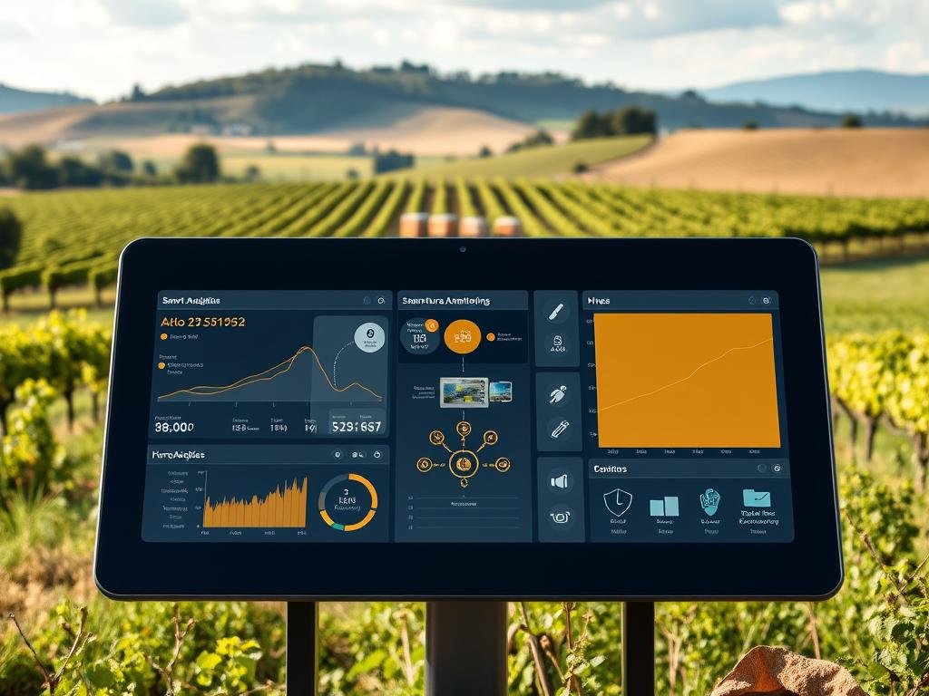 A sleek, futuristic control panel displaying real-time analytics and remote monitoring for a smart apiary management system. In the foreground, a large touchscreen interface shows live sensor data, hive conditions, and automation controls. The middle ground features a network of interconnected hives, cameras, and IoT devices, all seamlessly integrated. In the background, a serene Italian countryside landscape with rolling hills and vineyards, reflecting the rural setting. Subtle branding for "APICOLTURA BORVEI MIELE" appears discreetly on the control panel. The overall scene conveys a sense of advanced, yet harmonious, technology blending with the natural environment.