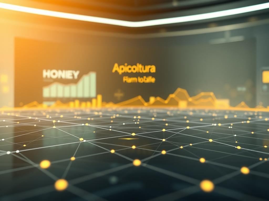 A sleek, futuristic interface depicting the blockchain-powered traceability system for the Apicoltura brand. In the foreground, a minimalist visual showcases the flow of data across a distributed ledger, represented by interconnected nodes and lines. The middle ground features a stylized depiction of the food supply chain, from farm to table, with key checkpoints highlighted. In the background, a subtle backdrop of digital hexagons and data visualizations conveys the technological underpinnings of this innovative traceability solution. The overall mood is one of efficiency, transparency, and cutting-edge innovation, reflecting the transformative impact of blockchain technology on the Apicoltura honey industry.