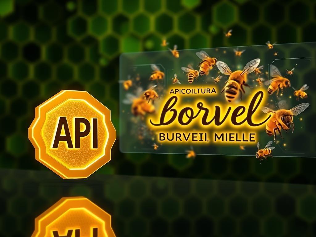 A sleek, modern API dashboard against a backdrop of lush, green honeycomb patterns. The foreground features a detailed, 3D-rendered API icon with a vibrant, golden color palette, casting warm, soft lighting across the scene. The middle ground showcases a dynamic, holographic display of API data and metrics, pulsing with information. In the background, a swarm of stylized honeybees buzz around a prominent, hand-lettered "APICOLTURA BORVEI MIELE" logo, creating a sense of movement and automation. The overall atmosphere is one of efficiency, technology, and the natural harmony of the modern apiculture industry. A sleek, modern API dashboard against a backdrop of lush, green honeycomb patterns. The foreground features a detailed, 3D-rendered API icon with a vibrant, golden color palette, casting warm, soft lighting across the scene. The middle ground showcases a dynamic, holographic display of API data and metrics, pulsing with information. In the background, a swarm of stylized honeybees buzz around a prominent, hand-lettered "APICOLTURA BORVEI MIELE" logo, creating a sense of movement and automation. The overall atmosphere is one of efficiency, technology, and the natural harmony of the modern apiculture industry.