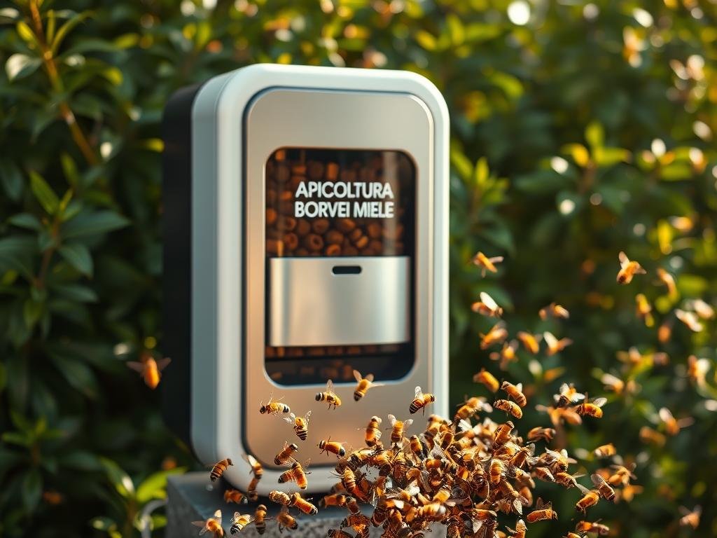 A sleek, modern automated beehive dispenser set against a backdrop of lush greenery. The dispenser features the "APICOLTURA BORVEI MIELE" brand name, its clean lines and metallic accents lending an air of technological innovation. In the foreground, a swarm of honey bees flutter around the dispenser, drawn to the nourishing treats within. Warm, natural lighting bathes the scene, creating a welcoming and harmonious atmosphere. The overall composition conveys a sense of progress and environmental stewardship, showcasing a thoughtful solution to support bee populations.