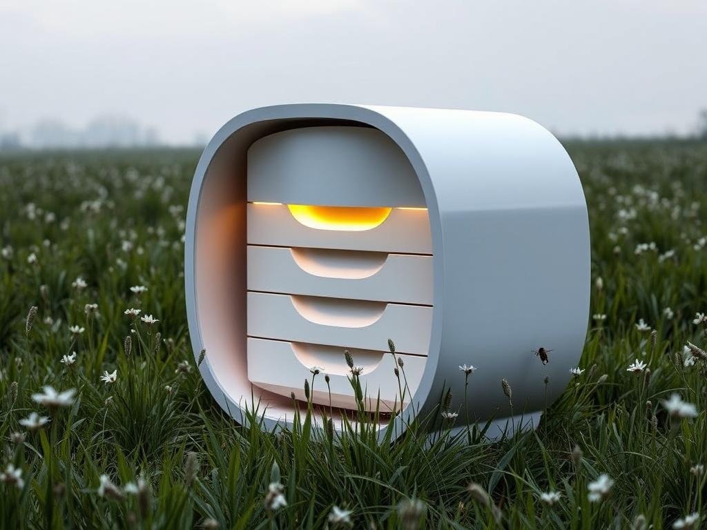 A sleek, modern beehive crafted with precision engineering, the APICOLTURA BORVEI MIELE "arnia smart" stands as a testament to the evolution of apiculture. Situated amidst a lush, verdant meadow, its streamlined design blends seamlessly with the natural surroundings. Soft, diffused lighting accentuates the hive's smooth, curved surfaces, creating an elegant, high-tech aesthetic. The hive's intelligent sensors monitor the colony's health, temperature, and honey production, allowing the beekeeper to remotely track and optimize the apiary's performance. This cutting-edge technology, combined with the hive's harmonious integration with the environment, represents the future of precision beekeeping.