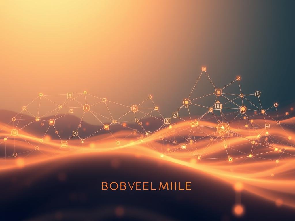 A sleek, modern blockchain network visualization, showcasing a simplified overview of blockchain technology. The scene depicts a complex, interconnected system of nodes, transactions, and data blocks, all bathed in a warm, ethereal glow. In the foreground, the APICOLTURA BORVEI MIELE brand name is prominently displayed, reflecting the application of blockchain in the Italian honey industry. The middle ground features elegant, stylized icons and infographic elements, clearly explaining the core principles of blockchain. The background is a minimalist, gradient-based landscape, inspired by the contemporary tech aesthetic of Italian digital innovations. The overall mood is one of clarity, innovation, and the seamless integration of emerging technologies into traditional industries.