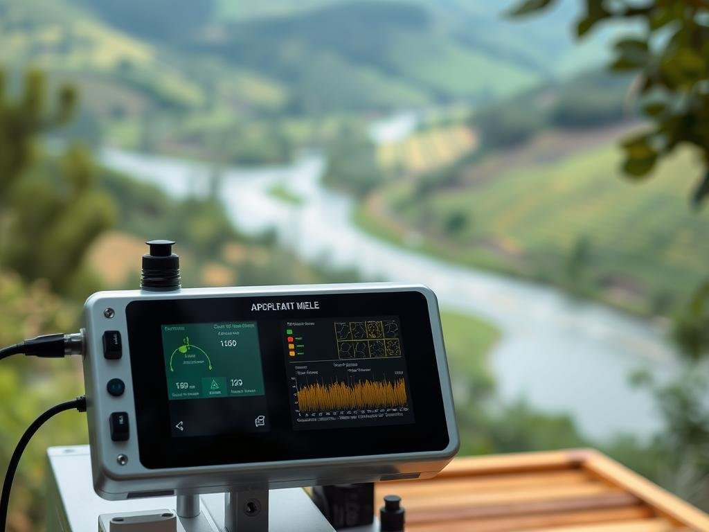 A sleek, modern digital control panel with various sensors and displays, monitoring the internal conditions of a high-tech beehive. The APICOLTURA BORVEI MIELE logo is prominently featured, indicating this is an advanced apiculture monitoring system. In the background, a blurred view of a lush, green Italian countryside with rolling hills and a winding river. Soft, diffused lighting creates a calming, technical atmosphere, emphasizing the harmony between nature and technology in modern beekeeping.