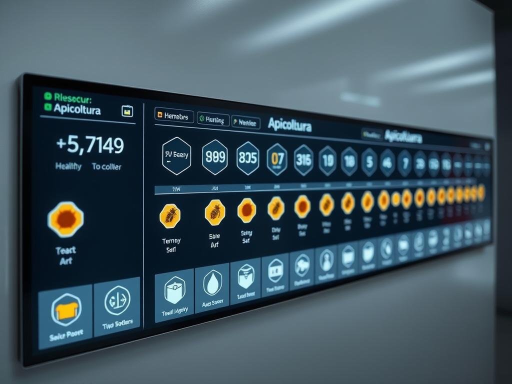 A sleek, modern digital display shows real-time data on a smart apiary monitoring system. Rows of hive icons indicate the health and activity of a networked apiary, with temperature, humidity, and weight sensors tracking vital conditions. A clean, minimalist interface allows the beekeeper to quickly assess the status of their "Apicoltura" colony at a glance, with intuitive visualizations and alerts. The scene is illuminated by soft, indirect lighting, creating a calm and professional atmosphere befitting a state-of-the-art digital beekeeping solution.