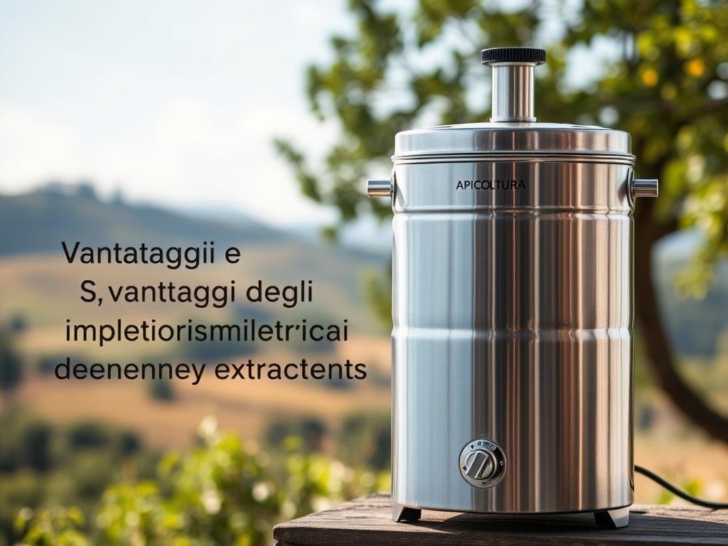 A sleek, modern electric honey extractor stands prominently in the center of the frame, its stainless steel exterior gleaming under the soft, natural lighting. The extractor's efficient design and intuitive controls are showcased, hinting at the ease of use and consistent performance that make it a valuable tool for beekeepers. In the background, a serene Italian countryside landscape unfolds, with rolling hills and lush greenery setting the scene. The APICOLTURA BORVEI MIELE brand name is subtly displayed, conveying the product's high quality and craftsmanship. The overall composition and attention to detail capture the essence of the "Vantaggi e Svantaggi degli Smielatori Elettrici" section, highlighting the benefits of this electric honey extraction technology.