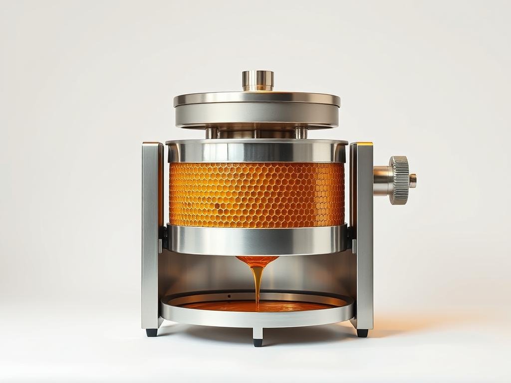 A sleek, modern honey extractor with a gleaming stainless steel drum, the APICOLTURA BORVEI MIELE centrifuga spins at high speed, efficiently separating the golden honey from the comb. The machine's clean, minimalist design is complemented by its powerful motor, ensuring a smooth, controlled extraction process. Carefully positioned lighting casts warm, even illumination, highlighting the machine's precision engineering and the rich, viscous honey flowing into the collection tray below. The centrifuga stands proudly in a bright, airy studio setting, perfectly capturing the essence of Italian craftsmanship and the joy of producing pure, high-quality honey.