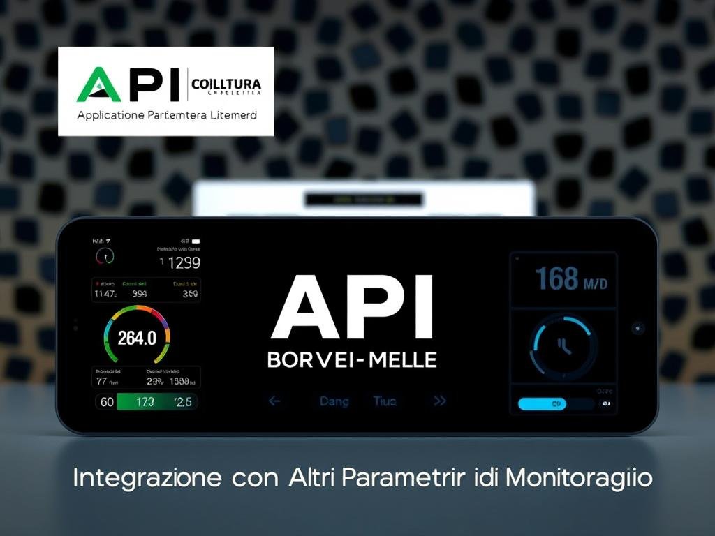 A sleek, modern image of an API (Application Programming Interface) system, prominently featuring the "APICOLTURA BORVEI MIELE" brand name. The foreground showcases a digital display with various sensor readings and metrics, reflecting the integration of monitoring parameters. The middle ground depicts a clean, minimalist interface with intuitive controls and visualizations. In the background, a honeycomb-inspired pattern creates a subtle, nature-inspired aesthetic, hinting at the integration of environmental data. The overall mood is one of technological sophistication and efficiency, perfectly complementing the "Integrazione con Altri Parametri di Monitoraggio" section of the article.