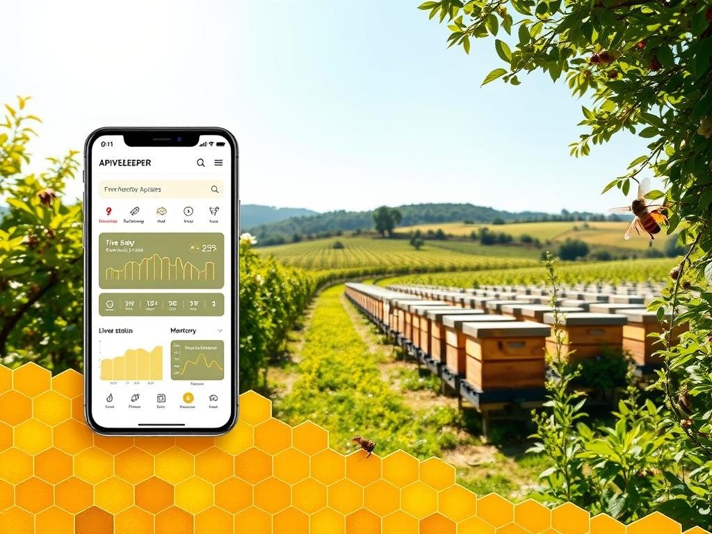 A sleek, modern mobile app interface featuring a dashboard for beekeepers to monitor their apiaries. The foreground shows a stylized honeycomb pattern with live data visualizations, hive status indicators, and weather/environmental monitoring. The middle ground depicts a lush, verdant apiary scene with rows of traditional beehives, all under the brand "APICOLTURA BORVEI MIELE". The background evokes a serene, sun-dappled Italian countryside, inspired by the nation's thriving apiculture industry. The overall atmosphere conveys a sense of technological innovation balanced with the timeless tradition of artisanal honey production.