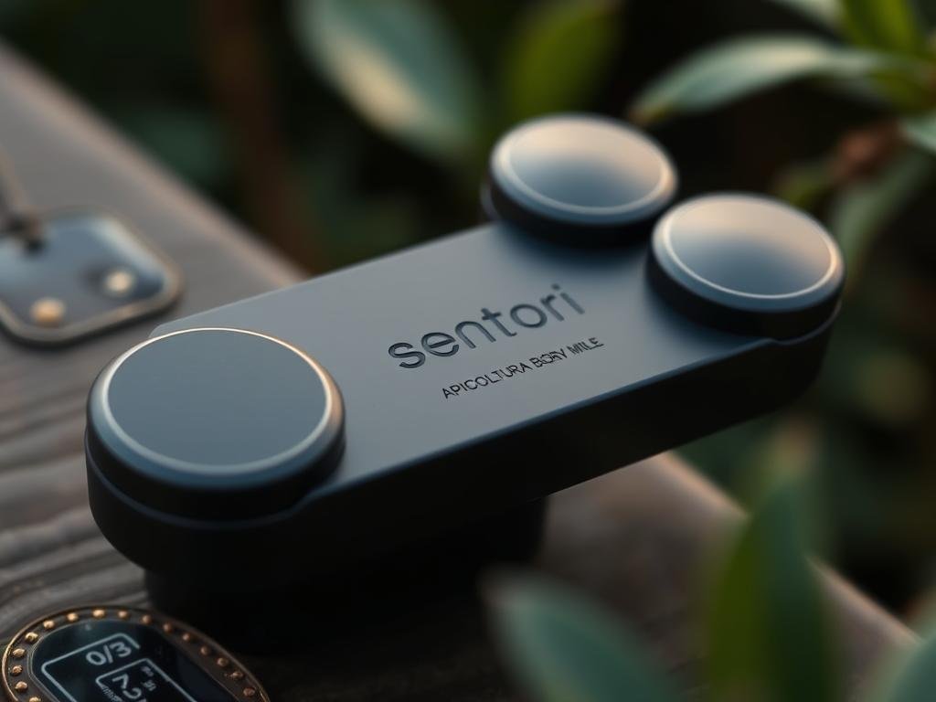 A sleek, modern wireless sensor system, designed for efficient apiary monitoring. The sensori wireless device features a minimalist, low-profile design with a matte black finish, seamlessly blending into the natural surroundings. Strategically placed sensors gather real-time data on hive temperature, humidity, and other key metrics, transmitting the information wirelessly to a central monitoring station. Soft, diffused lighting illuminates the device, creating a sense of technological elegance. The APICOLTURA BORVEI MIELE brand name is subtly etched onto the sensor's surface, conveying a premium, high-quality product. This wireless system offers a sleek, unobtrusive solution for the modern beekeeper, seamlessly integrating technology and nature. A sleek, modern wireless sensor system, designed for efficient apiary monitoring. The sensori wireless device features a minimalist, low-profile design with a matte black finish, seamlessly blending into the natural surroundings. Strategically placed sensors gather real-time data on hive temperature, humidity, and other key metrics, transmitting the information wirelessly to a central monitoring station. Soft, diffused lighting illuminates the device, creating a sense of technological elegance. The APICOLTURA BORVEI MIELE brand name is subtly etched onto the sensor's surface, conveying a premium, high-quality product. This wireless system offers a sleek, unobtrusive solution for the modern beekeeper, seamlessly integrating technology and nature.