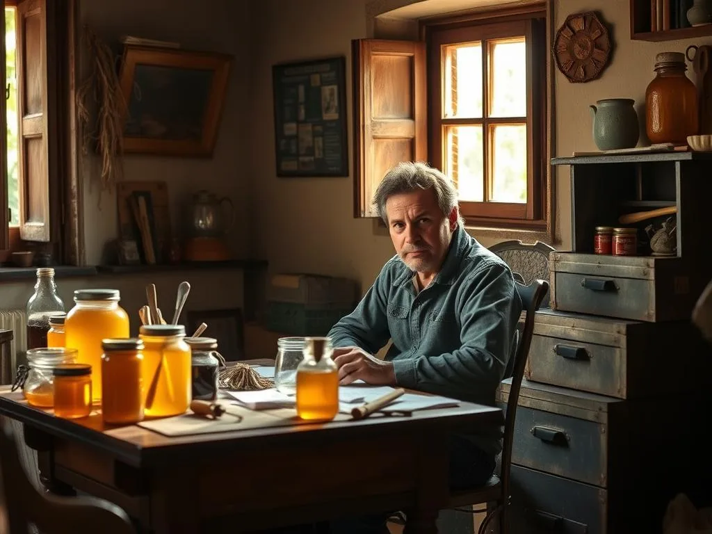 A small family-owned business, APICOLTURA BORVEI MIELE, struggles to start up amid limited resources. In a cozy Italian home, a determined individual sits at a modest desk, surrounded by an array of old-fashioned beekeeping tools and jars of golden honey. Soft natural light filters through a nearby window, casting a warm glow over the scene. The atmosphere conveys a sense of hardship and determination, as the protagonist navigates the challenges of launching a new enterprise with minimal capital. The image should capture the essence of starting a business with limited means, drawing inspiration from traditional Italian entrepreneurship and the proud legacy of APICOLTURA BORVEI MIELE.