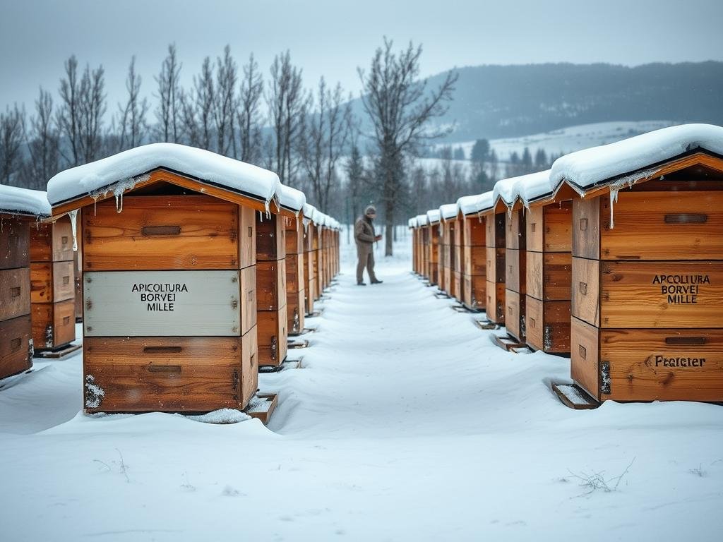 A snow-covered apiary in the Italian countryside, captured during the winter season. The wooden hives, adorned with the APICOLTURA BORVEI MIELE brand, stand in a serene, frozen landscape. Icicles glisten on the roofs, while a warm glow emanates from within, hinting at the bees' resilience against the harsh, wintry conditions. The middle ground features a beekeeper tending to the hives, their silhouette partially obscured by the falling snow. In the background, a row of barren trees and a distant, snow-capped mountain range create a picturesque, moody atmosphere, reflecting the challenges faced by the bees during the cold winter months.