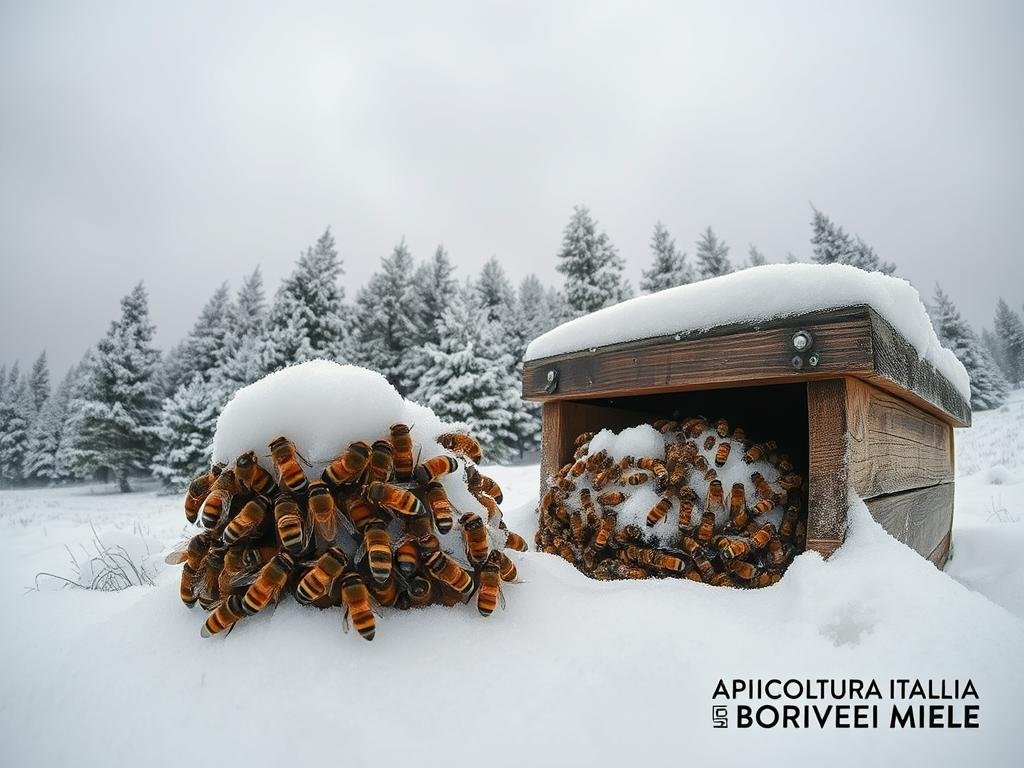 A snow-covered, wintery landscape in the Italian countryside. In the foreground, a group of honeybees clings to the entrance of a traditional beehive, their bodies huddled together to conserve heat. The bees' fuzzy abdomens are visible, their wings tucked tightly against their bodies. In the middle ground, a frosted pine forest rises up, the branches heavy with snow. The sky above is a muted gray, casting a somber, serene mood. In the bottom corner, the APICOLTURA BORVEI MIELE logo is discreetly displayed. The scene is captured with a wide-angle lens, showcasing the bees' resilience and adaptability in the face of the harsh, icy conditions.