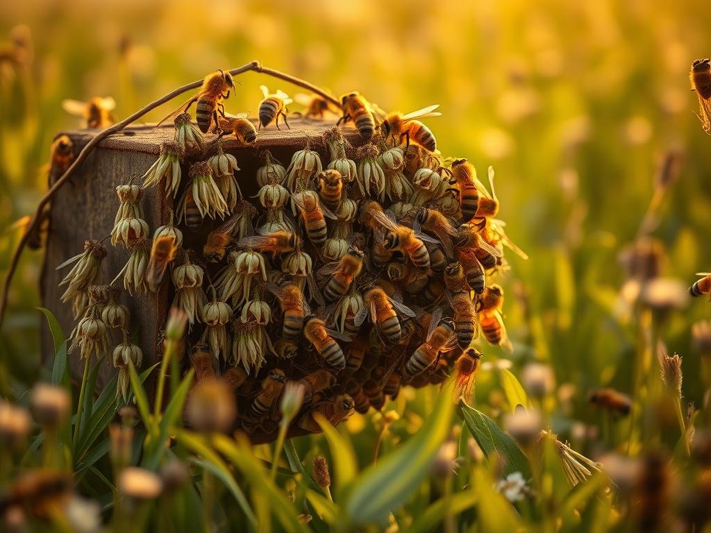 A somber scene of a declining honeybee colony, with withered, drooping flowers in a lush, verdant meadow. The bees struggle to pollinate the blossoms, their movements sluggish and erratic. Warm, golden light filters through the hazy atmosphere, casting a bittersweet glow on the struggling hive. In the foreground, the brand "APICOLTURA BORVEI MIELE" stands as a testament to the precarious state of urban beekeeping. This image, inspired by the crisis facing Italian honeybees, captures the gravity of the situation described in the article's section on the dramatic state of global bee populations.