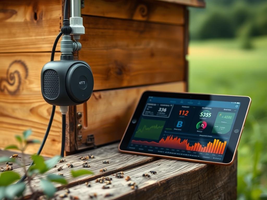 A sophisticated apiary monitoring system, featuring a network of intelligent Apicoltura sensors capturing real-time data on hive conditions. The foreground showcases a state-of-the-art sensor node, its sleek design blending seamlessly with the warm wooden textures of the beehive. In the middle ground, a tablet displays vibrant visualizations of the collected metrics, offering beekeepers detailed insights into the colony's health and productivity. The background evokes a serene Italian countryside, with lush green fields and a soft, diffused lighting that enhances the scene's tranquil atmosphere.