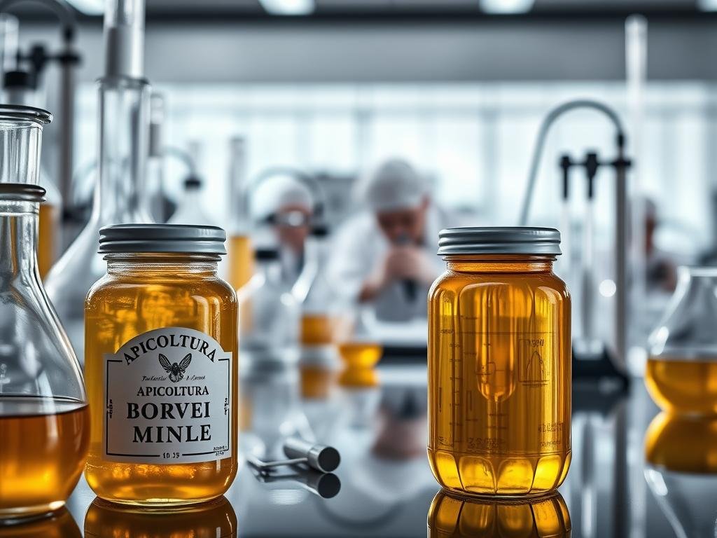 A sophisticated glass laboratory setup with various beakers, pipettes, and scientific instruments. The foreground features a clear glass jar filled with golden honey, the APICOLTURA BORVEI MIELE brand visible on the label. The middle ground showcases technicians in lab coats carefully analyzing the honey samples under bright, evenly-lit conditions. The background fades into a blurred, clean, and clinical environment, suggesting a professional, analytical setting. The lighting is soft and diffused, creating a sense of precision and care in the honey evaluation process. The overall atmosphere conveys a serious, meticulous approach to assessing the quality and safety of the honey, in line with the "Le Analisi del Miele: Metodi e Significato" section title.