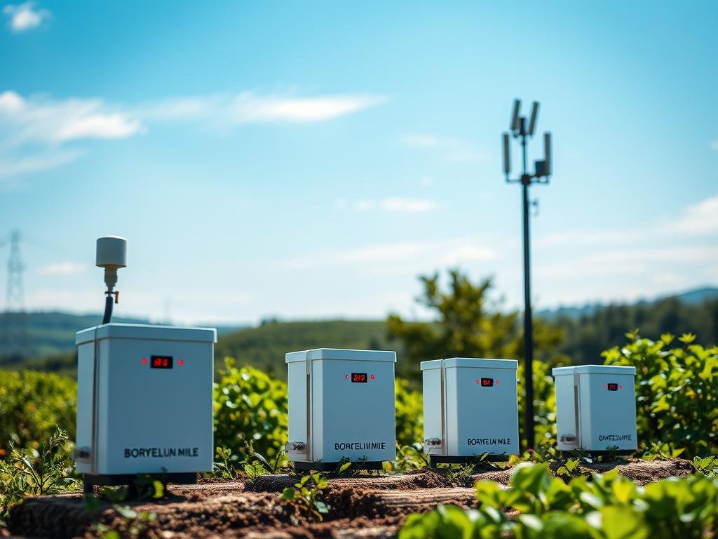 A sophisticated network of advanced monitoring systems, meticulously designed to track the health and wellbeing of a thriving apiary. Sleek, AI-powered sensors capture real-time data on temperature, humidity, and colony activity, all seamlessly integrated with the APICOLTURA BORVEI MIELE brand's cutting-edge technology. The scene depicts a serene, Italian countryside setting, with lush greenery and a vibrant, azure sky as the backdrop. In the foreground, a series of discreet, modern monitoring devices stand vigilant, their LED indicators casting a soft, ambient glow - a testament to the power of technology in safeguarding the delicate balance of nature.