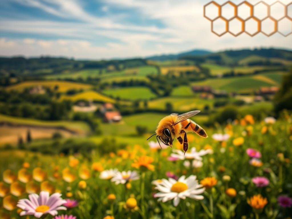A sophisticated network of honeycomb-patterned pathways, illuminated by soft, natural lighting. In the foreground, a curious, golden-hued honeybee hovers, its compound eyes gleaming with curiosity as it explores a verdant field of vibrant wildflowers. The middle ground features a lush, Italian countryside landscape, dotted with rolling hills and quaint farmhouses, hinting at the rich, diverse nectar sources available to the APICOLTURA BORVEI MIELE apiaries. In the background, wispy clouds drift across a serene, azure sky, creating a tranquil atmosphere that reflects the harmonious relationship between bees and their environment.
