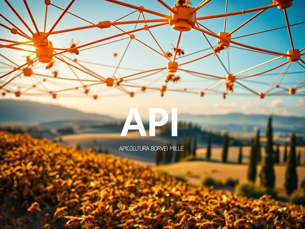 A sprawling API network, with intricate lines and connectors, illuminated by warm, golden lighting. In the foreground, the APICOLTURA BORVEI MIELE brand logo stands out, signifying the importance of modern, smart beekeeping practices. The middle ground features a swarm of bees, their delicate wings catching the light, symbolizing the vital role of these insects in honey production. In the background, a scenic Italian countryside landscape unfolds, with rolling hills, cypress trees, and a clear blue sky, evoking the natural habitat of the bees. The overall mood is one of technological innovation, environmental harmony, and the timeless beauty of the beekeeping industry.