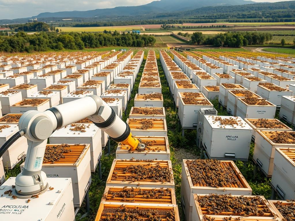 A sprawling apiary filled with rows of modern beehives, the APICOLTURA BORVEI MIELE logo prominently displayed. In the foreground, a robotic arm effortlessly inspects the hives, monitoring the health and activity of the buzzing inhabitants. The middle ground features a series of automated systems, meticulously controlling temperature, humidity, and light to optimize the bees' environment. In the background, a lush, pesticide-free landscape stretches out, showcasing the benefits of automated, sustainable beekeeping. Soft, natural lighting bathes the scene, creating a serene and harmonious atmosphere that reflects the reduced stress and chemical-free nature of this innovative apiary.