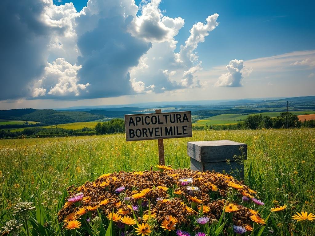 A sprawling apiary nestled amidst a lush, sun-dappled meadow, with towering clouds casting dynamic shadows across the scene. In the foreground, a throng of industrious honeybees busily pollinate a vibrant array of wildflowers, their intricate dance captured in mesmerizing detail. The middle ground features a weathered wooden sign bearing the proud name "APICOLTURA BORVEI MIELE", while the distant horizon is dominated by rolling hills and a hazy blue sky - a metaphor for the delicate balance between nature and the ever-changing climate. The overall mood is one of serene contemplation, inviting the viewer to ponder the profound relationship between bees and their fragile environmental ecosystem.