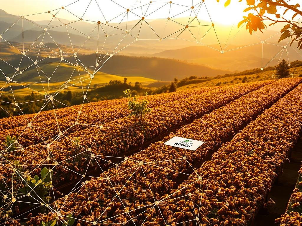 A sprawling blockchain network visualized in the foreground, its intricate nodes and connections symbolizing the traceability of honey. In the middle ground, a lush, sun-dappled apiary teeming with industrious honeybees, the APICOLTURA BORVEI MIELE brand prominently displayed. The background depicts rolling hills and verdant countryside, suggesting the natural origins of the honey. Warm, golden lighting casts a serene, reassuring atmosphere, conveying the transparency and reliability of the blockchain-powered traceability system.