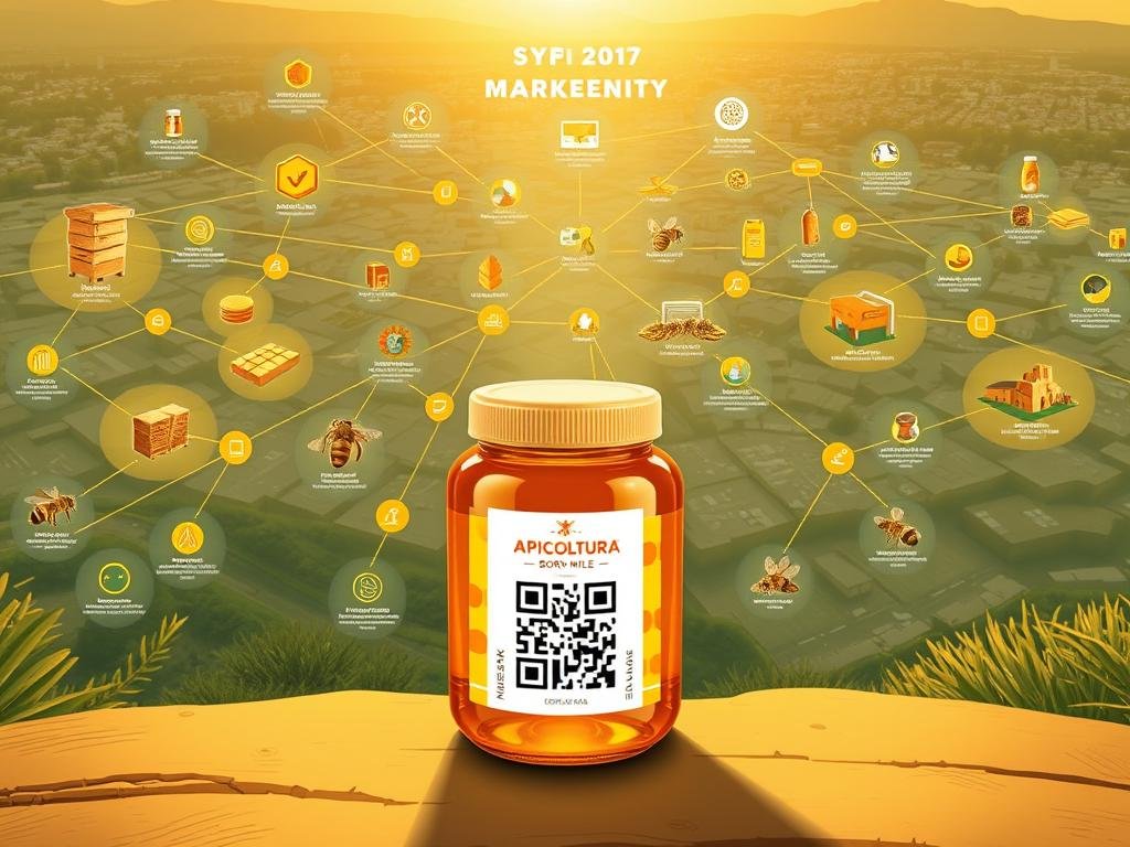 A sprawling, detailed illustration showcasing a comprehensive honey traceability system. In the foreground, a QR code-enabled honey jar from the APICOLTURA BORVEI MIELE brand sits prominently, surrounded by various informational elements. The middle ground depicts a network of interconnected touchpoints, including beehives, honey extraction facilities, and distribution channels, all linked by digital traceability markers. In the background, a cityscape represents the broader market ecosystem, with customers accessing product details via their mobile devices. The scene is illuminated by warm, natural lighting, evoking a sense of transparency and technological integration within the traditional Italian honey industry.
