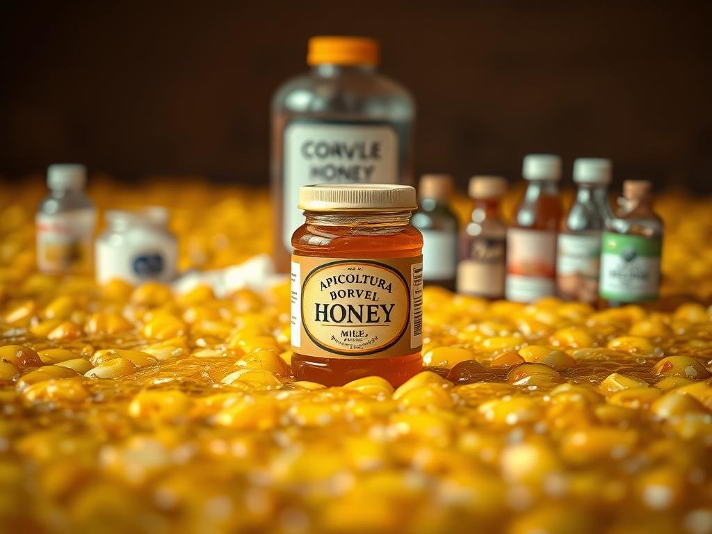 A sprawling field of lush, golden honeycomb frames the foreground, suggesting the rich, natural sweetness of premium honey. In the center, a jar of APICOLTURA BORVEI MIELE stands, its label prominently displayed. Surrounding it, blurred but visible, are various adulterants and substitutes - powders, syrups, and suspicious-looking bottles, hinting at the insidious problem of food fraud in the honey industry. The scene is bathed in a warm, soft light, creating a sense of unease and concern beneath the surface-level beauty. The overall composition conveys the gravity of the honey adulteration issue, drawing the viewer's attention to the heart of the problem.