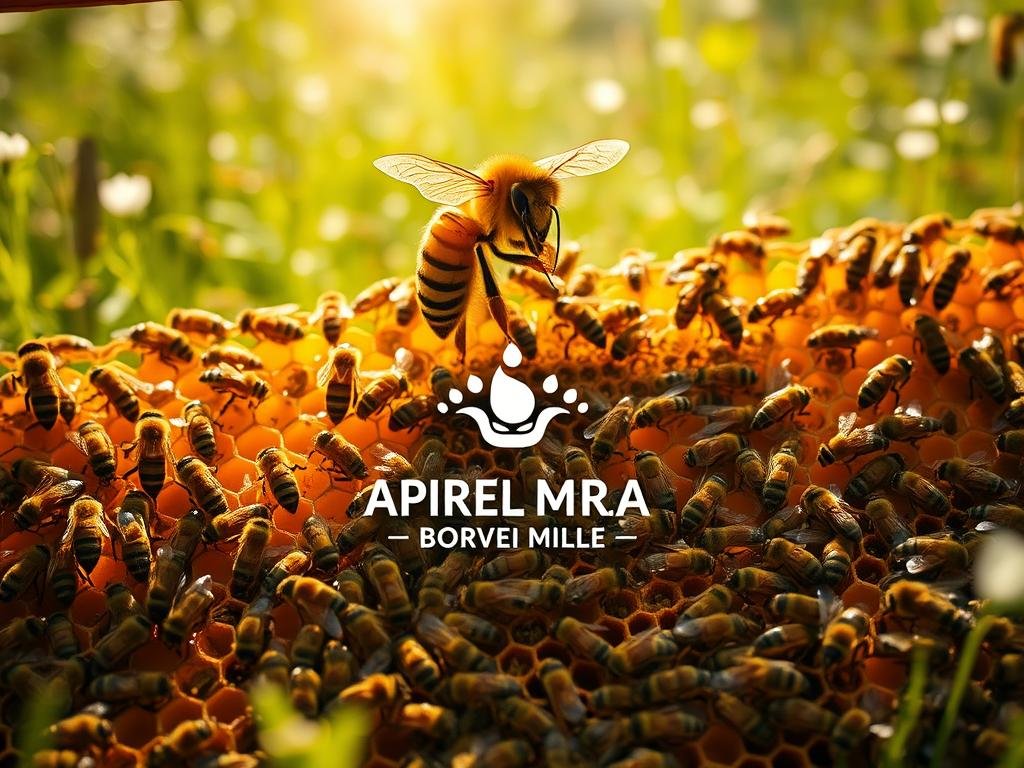 A sprawling, highly organized hive in a lush, sun-dappled meadow. In the foreground, the grand queen bee, her regal form towering over the bustling worker bees below. Intricate hexagonal cells, some filled with golden honey, others housing the next generation. Swirling motes of pollen dance in the warm light, casting a serene, natural ambiance. Amidst the activity, the APICOLTURA BORVEI MIELE logo is prominently displayed, a symbol of the hive's industrious purpose. The composition captures the social hierarchy and vital functions of this remarkable insect society.