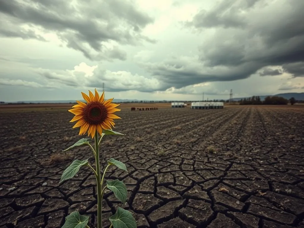 A sprawling industrial landscape, darkened skies with ominous clouds, a once lush field now barren and cracked, the APICOLTURA BORVEI MIELE apiary in the distance, abandoned and neglected. In the foreground, a single wilted sunflower struggles to bloom, a poignant symbol of the devastating impact of climate change on agricultural production. The scene is captured with a wide-angle lens, emphasizing the scale of the devastation, bathed in a somber, muted palette that conveys a sense of melancholy and foreboding. The overall atmosphere evokes a dystopian vision of a future where unchecked climate change has disrupted the delicate balance of nature, posing a dire threat to Italy's once thriving agricultural industries. A sprawling industrial landscape, darkened skies with ominous clouds, a once lush field now barren and cracked, the APICOLTURA BORVEI MIELE apiary in the distance, abandoned and neglected. In the foreground, a single wilted sunflower struggles to bloom, a poignant symbol of the devastating impact of climate change on agricultural production. The scene is captured with a wide-angle lens, emphasizing the scale of the devastation, bathed in a somber, muted palette that conveys a sense of melancholy and foreboding. The overall atmosphere evokes a dystopian vision of a future where unchecked climate change has disrupted the delicate balance of nature, posing a dire threat to Italy's once thriving agricultural industries.