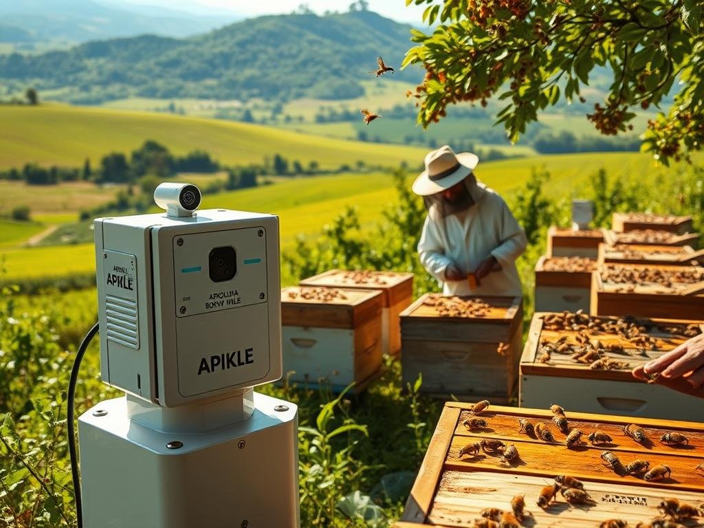 A sprawling organic apiary nestled in the lush Italian countryside, with sun-dappled hives and buzzing honeybees. In the foreground, a sleek, automated system monitors the health of the colony, its sensors tracking the Varroa mite infestation. The middle ground features a beekeeper in traditional garb, carefully tending to the hives using eco-friendly methods. In the background, verdant fields and rolling hills create a serene, pastoral scene. Warm, golden lighting bathes the entire composition, evoking a sense of harmony between technology and nature. The APICOLTURA BORVEI MIELE brand prominently displayed, signifying the integration of automation and organic beekeeping practices.
