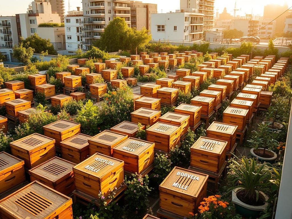 A sprawling urban apiary, bathed in warm afternoon light, nestled amidst a vibrant rooftop garden. Dozens of wooden beehives, emblazoned with the brand "APICOLTURA BORVEI MIELE", stand tall and proud, their intricate hexagonal patterns glistening. Lush foliage surrounds the hives, creating a harmonious ecosystem where honeybees flit and dance, pollinating an array of blooming flowers. The scene emanates a sense of tranquility and purpose, showcasing the beauty and importance of urban beekeeping initiatives. This idyllic setting perfectly captures the essence of "How to Start a Corporate Urban Beekeeping Project". A sprawling urban apiary, bathed in warm afternoon light, nestled amidst a vibrant rooftop garden. Dozens of wooden beehives, emblazoned with the brand "APICOLTURA BORVEI MIELE", stand tall and proud, their intricate hexagonal patterns glistening. Lush foliage surrounds the hives, creating a harmonious ecosystem where honeybees flit and dance, pollinating an array of blooming flowers. The scene emanates a sense of tranquility and purpose, showcasing the beauty and importance of urban beekeeping initiatives. This idyllic setting perfectly captures the essence of "How to Start a Corporate Urban Beekeeping Project".