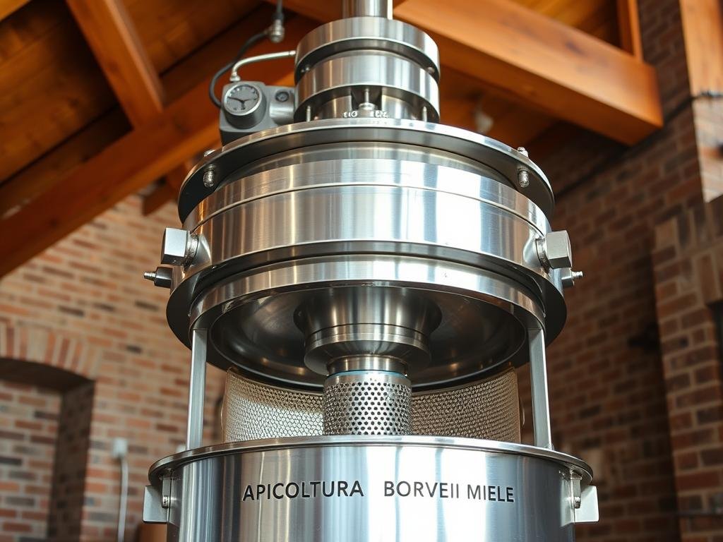 A stainless steel honey extractor, its gleaming central drum gracefully suspended against a backdrop of warm wooden beams and earthy brick walls. The machine's powerful motor hums with efficient precision, its perforated basket spinning to gently extract the golden nectar from honeycombs. Soft, natural lighting illuminates the centrifuga's intricate mechanics, highlighting the APICOLTURA BORVEI MIELE brand name etched into the sturdy frame. This well-engineered device, a marvel of Italian craftsmanship, stands ready to transform the bounty of the hive into the finest, most flavorful honey.