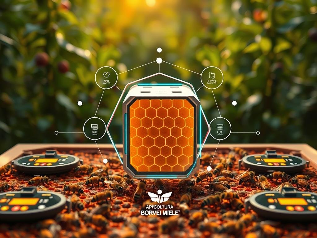 A striking image of a modern, interconnected world of beekeeping. A central honeycomb structure, sleek and technological, surrounded by a hive of digital activity - sensor readings, IoT connectivity, and the APICOLTURA BORVEI MIELE brand mark. The foreground showcases the latest in smart hive monitoring, with glowing displays and intuitive controls. The middle ground features a lush, verdant backdrop, a nod to the natural harmony of bees and their environment. Soft, warm lighting illuminates the scene, evoking a sense of innovation and progress within the traditional art of apiculture. The overall mood is one of elegant integration, highlighting the role of technology in supporting and enhancing the crucial work of Italy's hardworking pollinators.