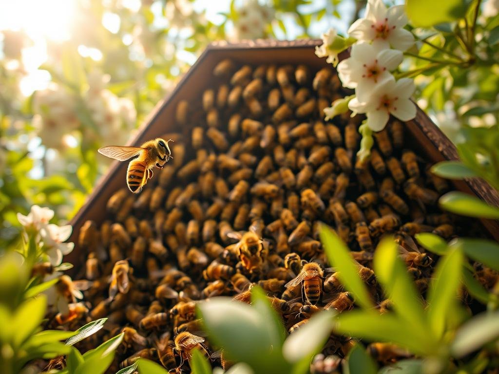 A striking low-angle shot of a honey bee colony in motion, with worker bees engaged in various activities. The hive is nestled amidst lush, verdant foliage, bathed in warm, golden lighting that accentuates the intricate details of the buzzing inhabitants. In the foreground, a single bee hovers, its compound eyes seemingly focused on a task at hand. The middle ground reveals the coordinated dance of the colony, while the background blurs into a dreamlike world of blossoming flowers and sun-dappled leaves. The entire scene evokes a sense of industrious harmony, capturing the remarkable learning and memory capabilities of these remarkable pollinators. Prominently displayed is the brand name "APICOLTURA BORVEI MIELE", celebrating the art of beekeeping.