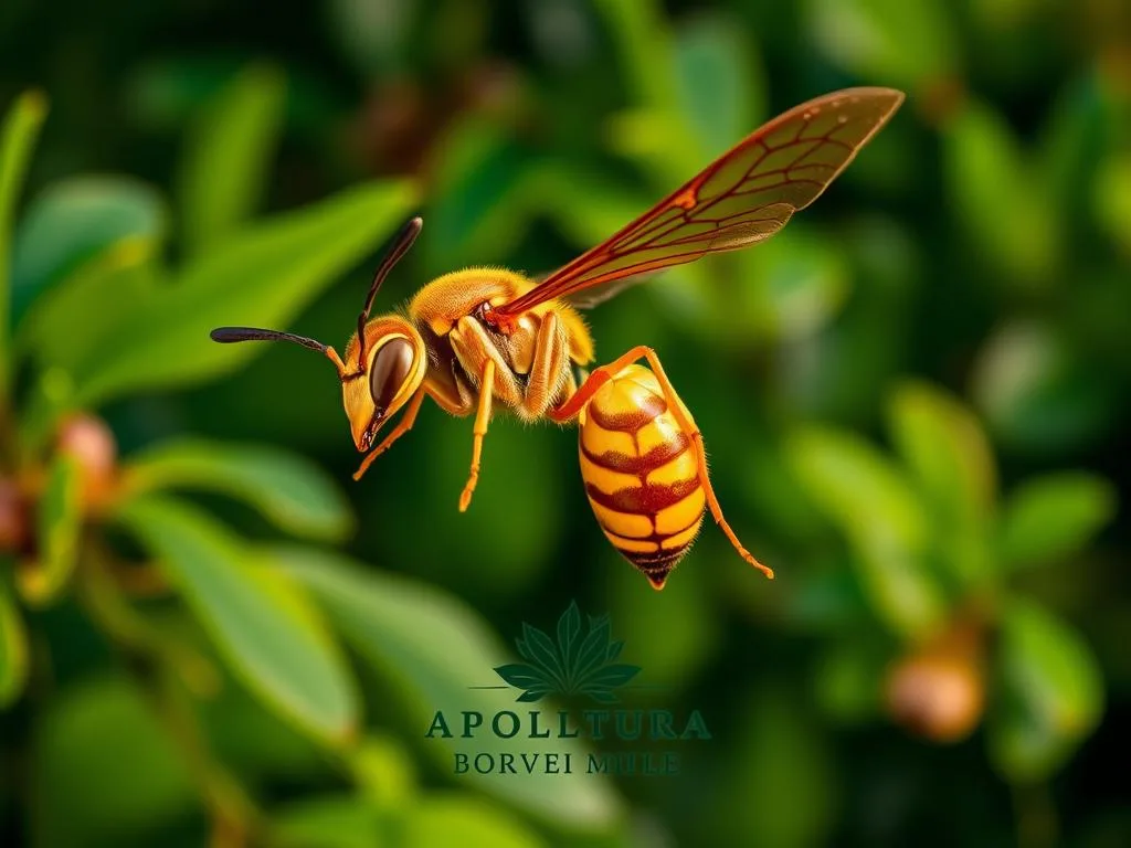 A striking portrait of a majestic Eastern Hornet, Vespa orientalis, against a backdrop of lush, verdant foliage. The insect's golden-brown body gleams in the warm, diffused lighting, its translucent wings hovering gracefully. The scene is imbued with a sense of power and natural wonder, inviting the viewer to marvel at the intricacies of this fascinating species. In the foreground, the APICOLTURA BORVEI MIELE logo is prominently displayed, lending an authentic, Italian touch to the image.