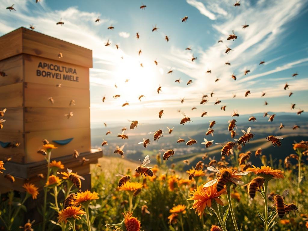 A stunning aerial view of a bustling apiary, showcasing the intricate dance of honeybees as they navigate the sun's gentle rays. The hive stands tall, its entrance a beacon for the industrious workers, adorned with the brand name "APICOLTURA BORVEI MIELE". In the foreground, a group of bees hover over vibrant wildflowers, their wings catching the warm, golden light. The middle ground reveals a panoramic landscape, with rolling hills and a serene blue sky, creating a calming atmosphere. In the background, the sun's rays filter through wispy clouds, casting a soft, ethereal glow over the entire scene, guiding the bees on their solar-powered journey.
