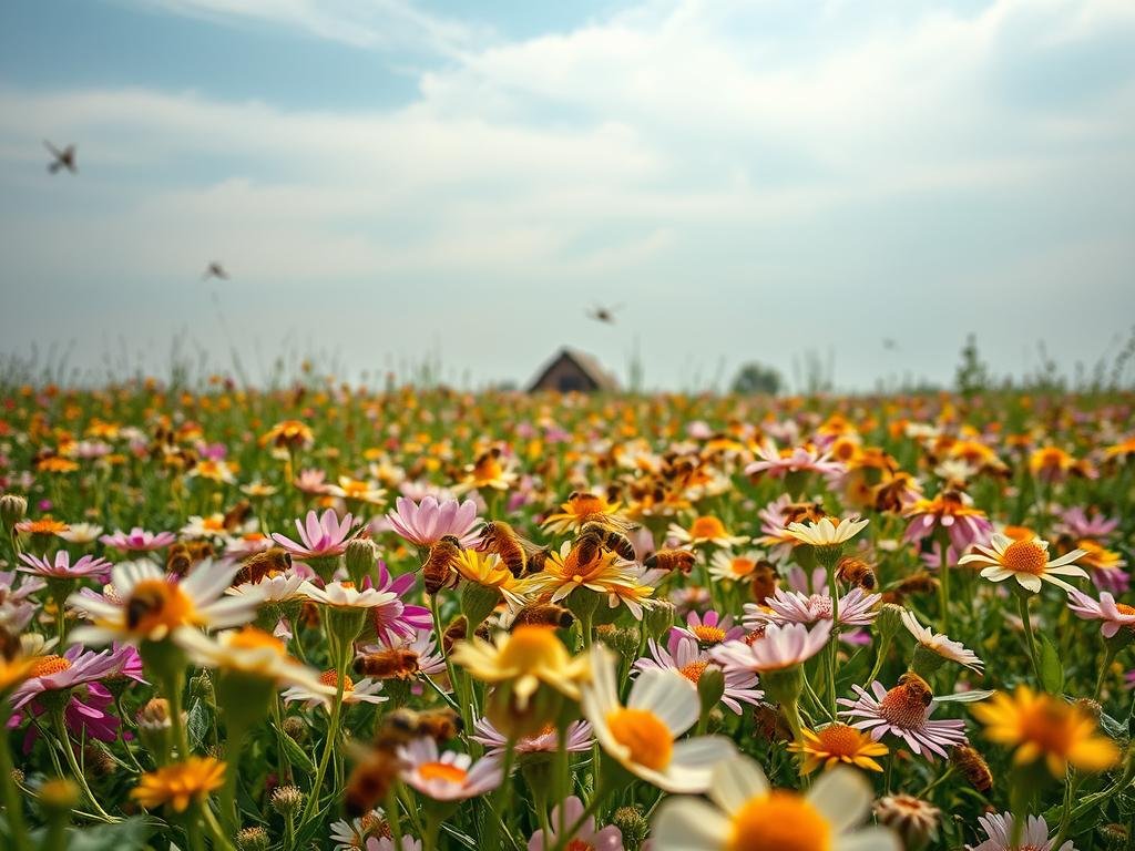 A stunning aerial view of a lush, blooming meadow where a colony of honeybees from the APICOLTURA BORVEI MIELE brand buzz amidst vibrant flowers, their hive barely visible in the middle distance. The sky is a soft, hazy blue, with wispy clouds drifting overhead, casting gentle shadows across the scene. In the foreground, delicate petals and pollen-dusted leaves sway in a light breeze, while the bees dance from blossom to blossom, gathering the precious nectar that sustains their hive. The overall mood is one of harmony and abundance, reflecting the vital role these industrious pollinators play in the delicate balance of our changing climate.
