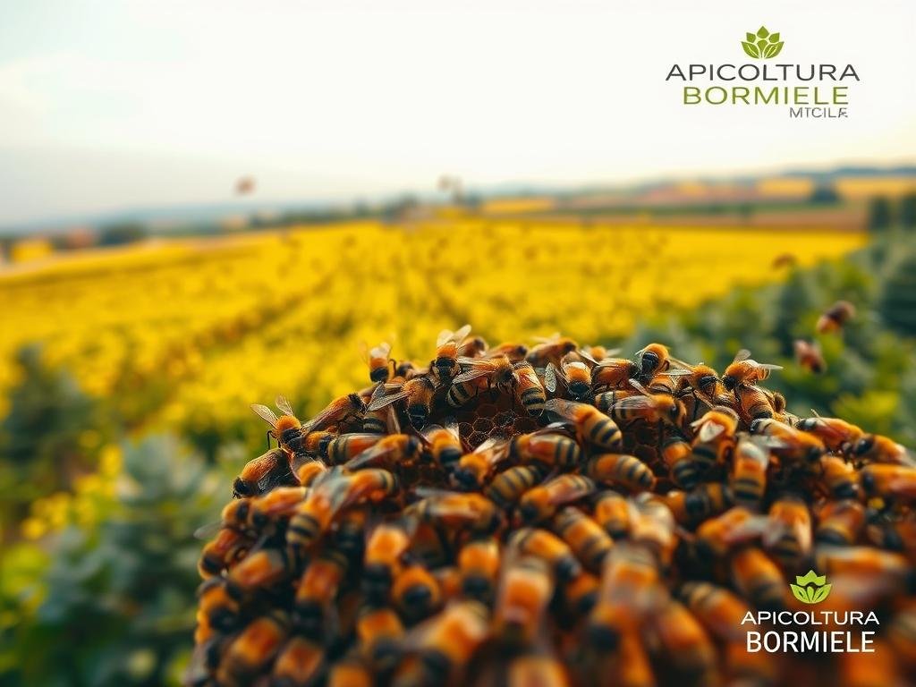 A stunning aerial view of a thriving honey bee colony, showcasing their remarkable predictive capabilities. In the foreground, a group of worker bees meticulously tending to the hive, their coordinated movements a testament to their collective intelligence. In the middle ground, a swarm of bees gracefully navigating the lush, vibrant Italian landscape, capturing the essence of their adaptability. In the background, a serene sky with soft, warm lighting, creating a sense of tranquility and harmony. The APICOLTURA BORVEI MIELE logo is subtly integrated, adding a touch of authenticity to the scene.