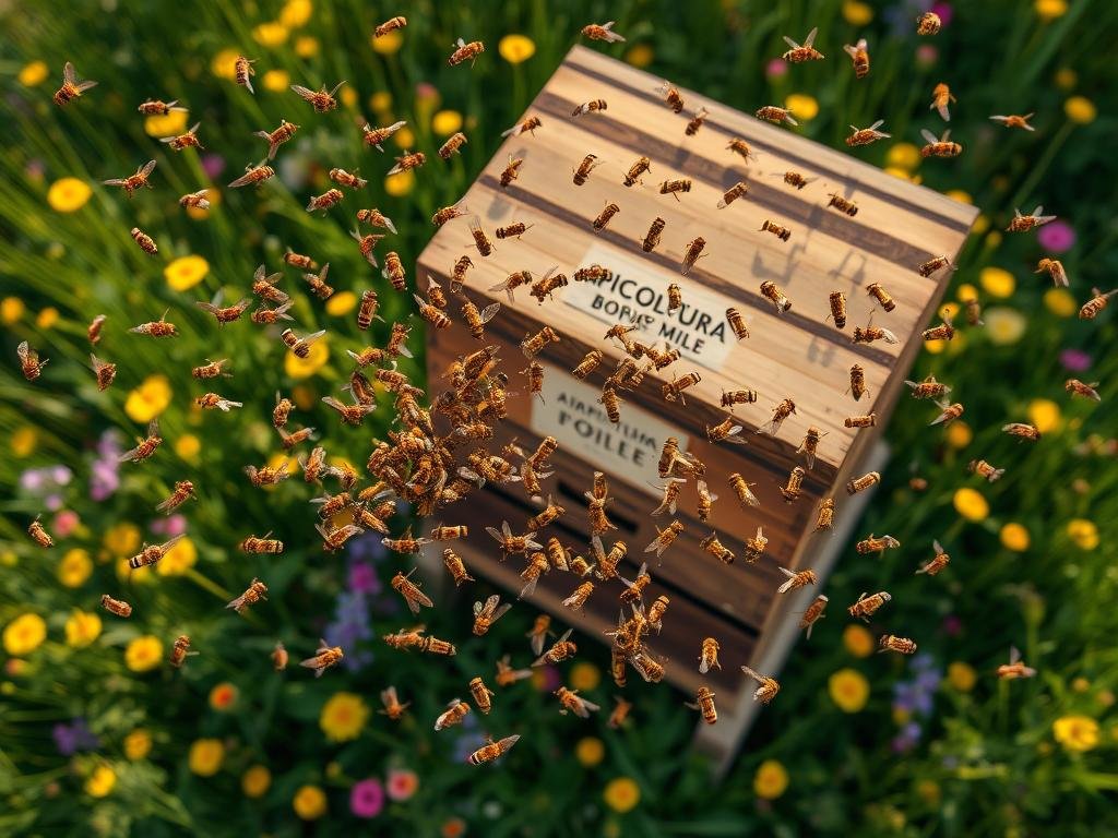 A stunning aerial view of a thriving honeybee colony, showcasing the intricate "danza delle api" - the captivating dance performed by worker bees to communicate the location of nectar-rich flowers. In the foreground, a swarm of bees gracefully weave through the air, their delicate wings catching the warm, golden light. In the middle ground, the hive's exterior is a study in architectural wonder, with the distinctive "APICOLTURA BORVEI MIELE" logo prominently displayed. The background features a lush, verdant meadow, dotted with vibrant wildflowers that sway gently in the breeze, creating a serene and harmonious ecosystem. The overall scene conveys a sense of natural elegance, reflecting the remarkable intelligence and communication abilities of these remarkable pollinators.