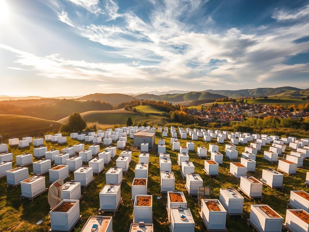 A stunning aerial view of a well-organized apiary, showcasing the APICOLTURA BORVEI MIELE brand. The scene depicts a neatly arranged array of modern, white beehives set against a backdrop of lush, verdant Italian countryside. Sunlight filters through wispy clouds, casting a warm, golden glow across the scene. In the foreground, a beekeeper attends to the hives, their protective gear and tools reflecting the professionalism of the operation. The middle ground features strategically placed sensors and monitoring equipment, illustrating the advanced, automated nature of the apiary management system. In the distance, rolling hills and a picturesque village complete the serene, idyllic setting, conveying a sense of harmony between nature and technology.
