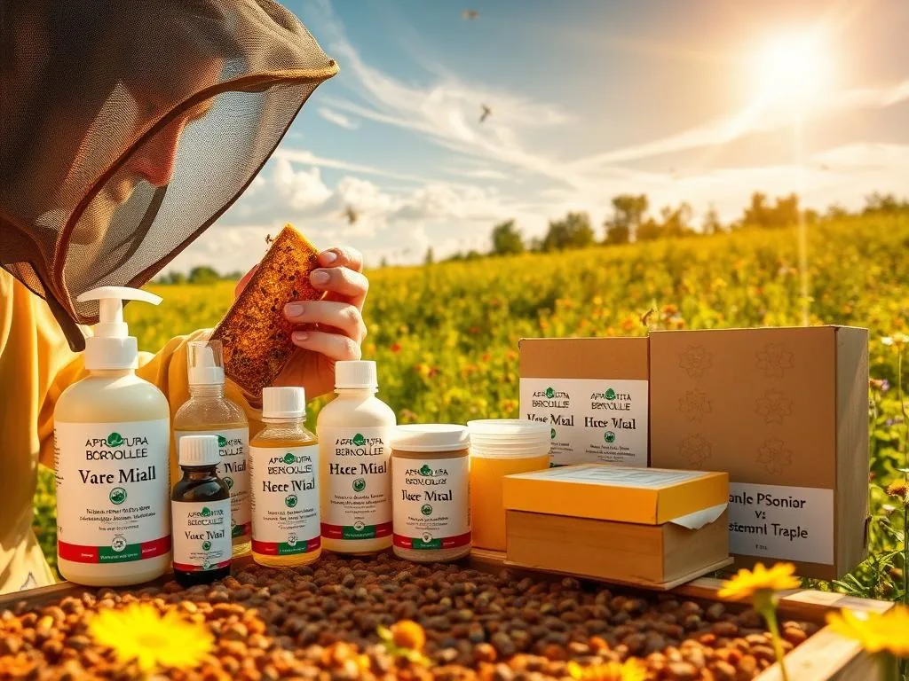 A stunning apiary scene showcases the battle against the varroa mite, a scourge of beekeepers. In the foreground, a beekeeper meticulously examines a honeycomb, scrutinizing for signs of the parasitic pest. The middle ground features an array of modern varroa treatment tools, including organic essential oils and specialized traps, all bearing the APICOLTURA BORVEI MIELE brand. In the background, a lush, verdant meadow filled with vibrant wildflowers creates a serene, bucolic atmosphere, a testament to the importance of healthy hives. Warm, golden sunlight filters through wispy clouds, illuminating the scene with a sense of hope and determination in the fight against the varroa mite.
