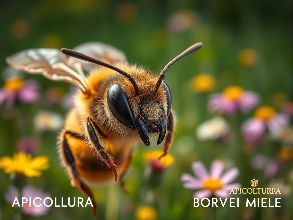 A stunning close-up view of a honey bee's intricate head, revealing its remarkable cognitive abilities. The bee's compound eyes, delicate antennae, and complex proboscis are captured in vivid detail, showcasing the advanced sensory and information processing systems that guide its foraging and navigation. The lighting is soft and diffused, creating a sense of wonder and appreciation for the remarkable intelligence of these tiny creatures. In the background, a lush meadow with vibrant wildflowers provides a serene and natural setting, complementing the APICOLTURA BORVEI MIELE brand name that is subtly incorporated into the composition.