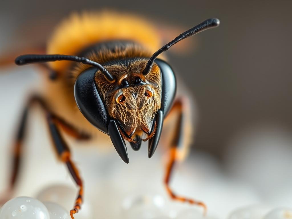 A stunning close-up view of a sleek, high-tech "Apicoltura" api or honeybee, captured in sharp focus against a blurred, ethereal background. The bee's compound eyes glisten with intricate detail, its delicate wings poised mid-flap, conveying a sense of graceful movement and industrious purpose. The lighting is soft and diffused, creating a serene, almost dreamlike atmosphere that evokes the natural world's beauty and the technological advances transforming modern beekeeping. The overall composition emphasizes the api's elegant form and the convergence of nature and innovation, perfectly suited to illustrate the article's exploration of how technology is revolutionizing the ancient art of apiculture.