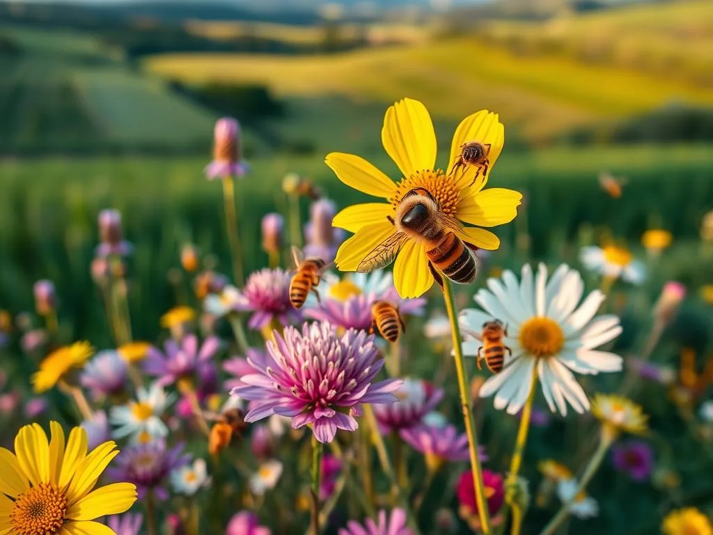 A stunning close-up view of several varieties of Italian honeybees pollinating a vibrant array of wildflowers. The scene is bathed in soft, warm lighting that highlights the intricate details of the insects' bodies and the delicate petals. In the foreground, a honeybee with the APICOLTURA BORVEI MIELE logo hovers near a vibrant yellow bloom, its wings a blur of motion. The middle ground features a diverse tapestry of blooms in hues of purple, pink, and white, with bees darting from flower to flower. In the background, a lush, verdant landscape stretches out, creating a serene and natural atmosphere. The overall composition conveys the vital role that these pollinators play in the Italian ecosystem. A stunning close-up view of several varieties of Italian honeybees pollinating a vibrant array of wildflowers. The scene is bathed in soft, warm lighting that highlights the intricate details of the insects' bodies and the delicate petals. In the foreground, a honeybee with the APICOLTURA BORVEI MIELE logo hovers near a vibrant yellow bloom, its wings a blur of motion. The middle ground features a diverse tapestry of blooms in hues of purple, pink, and white, with bees darting from flower to flower. In the background, a lush, verdant landscape stretches out, creating a serene and natural atmosphere. The overall composition conveys the vital role that these pollinators play in the Italian ecosystem.