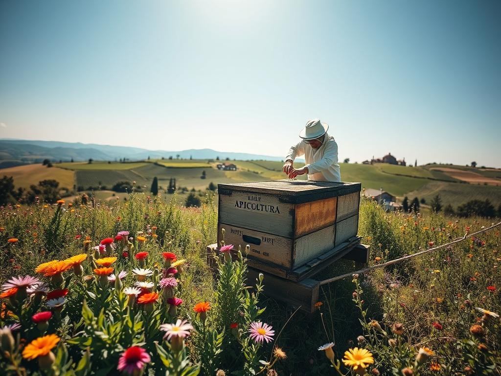 A stunning, detailed image of an Italian apiary, showcasing the "Apicoltura" brand. The foreground features a well-tended beehive, surrounded by lush, vibrant greenery and colorful wildflowers. In the middle ground, a beekeeper in traditional attire tends to the hive, their movements graceful and purposeful. The background depicts a rolling, sun-drenched countryside, with rolling hills, a distant farmhouse, and a clear, azure sky. The lighting is soft and natural, creating a warm, inviting atmosphere that captures the essence of Italian beekeeping. Captured through a wide-angle lens, the image conveys the importance and beauty of the "Apicoltura" industry.