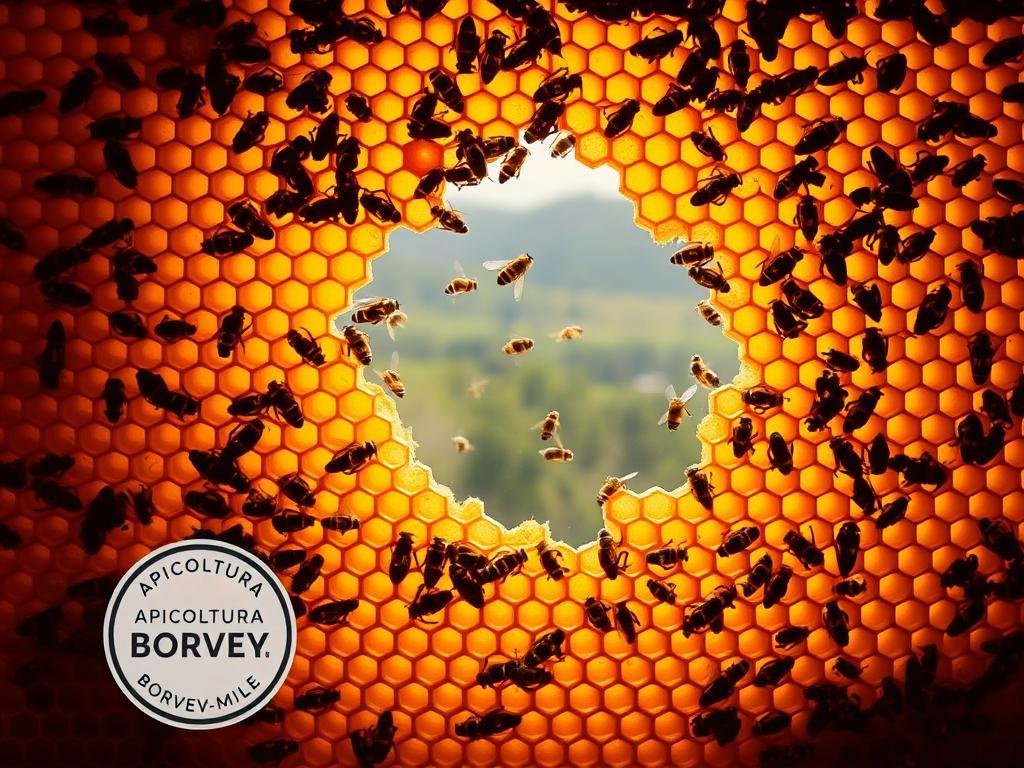 A stunning honeycomb structure fills the frame, its intricate hexagonal cells a marvel of natural engineering. Soft lighting illuminates the warm, golden hues of the wax, creating a serene and captivating atmosphere. In the foreground, the iconic "APICOLTURA BORVEI MIELE" label stands as a proud emblem of Italian apiculture. The middle ground reveals the industrious movement of worker bees, their delicate wings a blur as they navigate the hive's intricate passages. In the background, a hazy, blurred landscape suggests the lush, verdant surroundings that provide the nectar for this remarkable display of apiarian ingenuity.