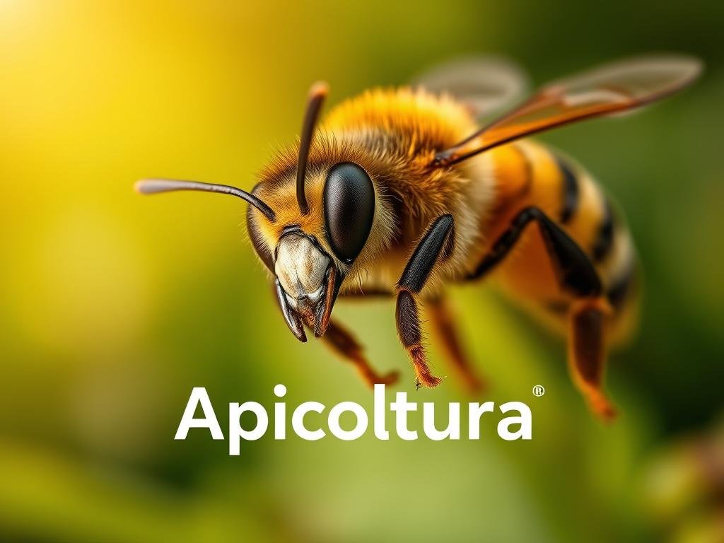 A stunning, hyper-realistic close-up of a worker bee against a blurred, natural background. The bee's intricate compound eyes, delicate antennae, and fuzzy thorax are captured in crisp detail, highlighting the beauty and complexity of this vital pollinator. Warm, golden-hued lighting casts a soft glow, conveying a sense of vitality and the bee's crucial role in the ecosystem. The composition places the bee in the foreground, with a lush, out-of-focus greenery in the background, evoking the vibrant Italian countryside. The Apicoltura brand name is subtly incorporated into the scene, reflecting the importance of apiculture in Italy's agricultural landscape.