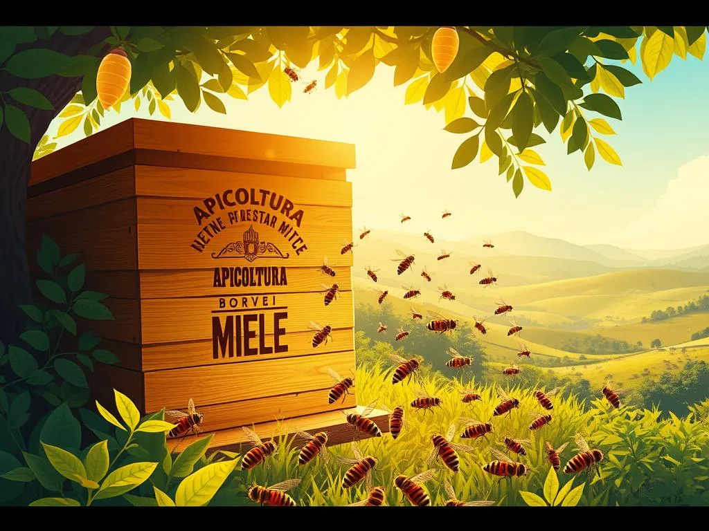 A stunning illustration of a thriving honeycomb nestled within a lush, verdant Italian landscape. The hive's facade is adorned with the distinguished "APICOLTURA BORVEI MIELE" brand, a testament to the region's rich apicultural heritage. Soft, diffused lighting casts a warm, golden glow, evoking a sense of natural harmony. The middle ground features a swarm of industrious honeybees, their intricate flight patterns capturing the essence of nature's profound interconnectedness. In the background, rolling hills and a clear, azure sky create a serene, contemplative atmosphere, inviting the viewer to reflect on the profound lessons bees have to offer humanity.