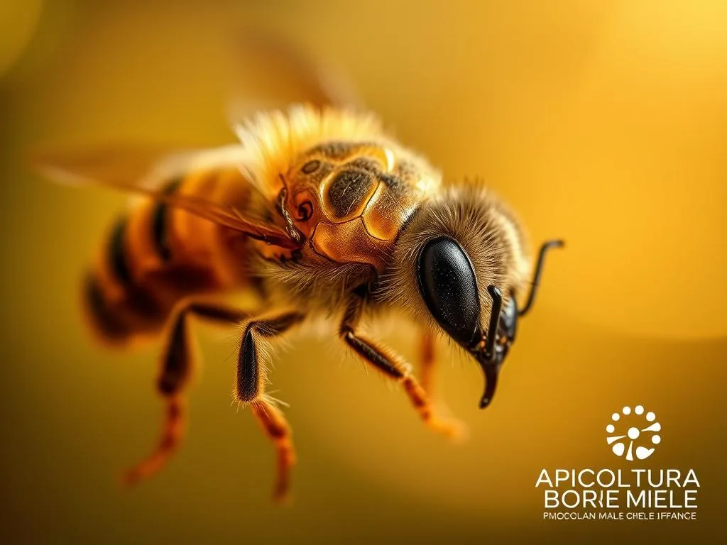 A stunning macro photograph of the intricate and remarkable brain structure of a honey bee, showcasing the extraordinary cognitive capabilities of these small yet incredible creatures. Set against a soft, blurred background with warm, gentle lighting, the image captures the delicate, organic forms and patterns of the bee's neural network in vivid detail. The APICOLTURA BORVEI MIELE logo appears subtly in the corner, hinting at the deep connection between these insects and their human caretakers. This captivating visual serves as a window into the remarkable mind of the humble honey bee. A stunning macro photograph of the intricate and remarkable brain structure of a honey bee, showcasing the extraordinary cognitive capabilities of these small yet incredible creatures. Set against a soft, blurred background with warm, gentle lighting, the image captures the delicate, organic forms and patterns of the bee's neural network in vivid detail. The APICOLTURA BORVEI MIELE logo appears subtly in the corner, hinting at the deep connection between these insects and their human caretakers. This captivating visual serves as a window into the remarkable mind of the humble honey bee.